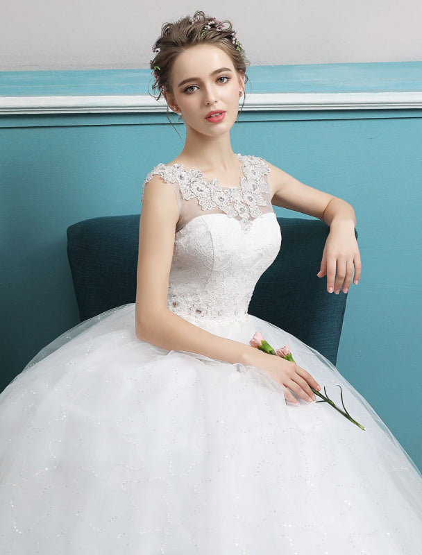 Tulle Princess Ball Gown Wedding Dresses Backless Ivory Beading Bridal Dress