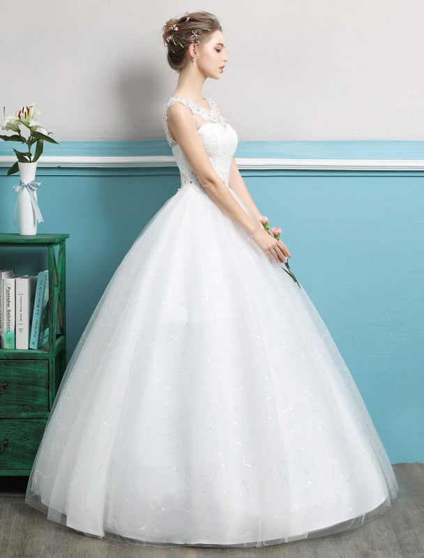 Tulle Princess Ball Gown Wedding Dresses Backless Ivory Beading Bridal Dress