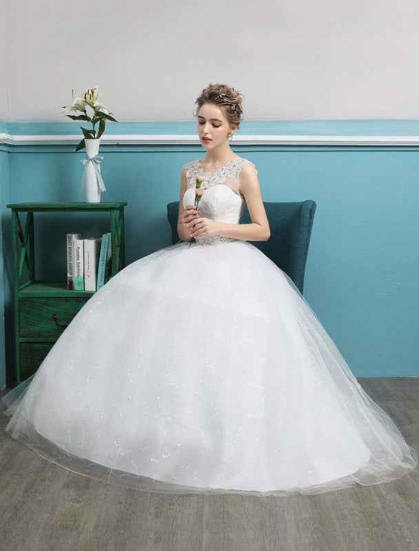 Tulle Princess Ball Gown Wedding Dresses Backless Ivory Beading Bridal Dress