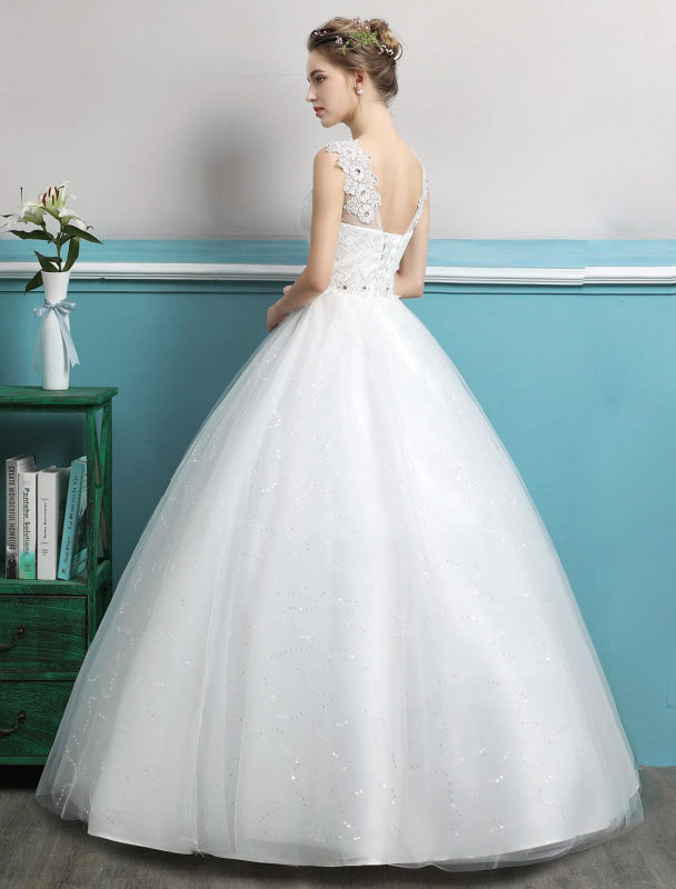 Tulle Princess Ball Gown Wedding Dresses Backless Ivory Beading Bridal Dress