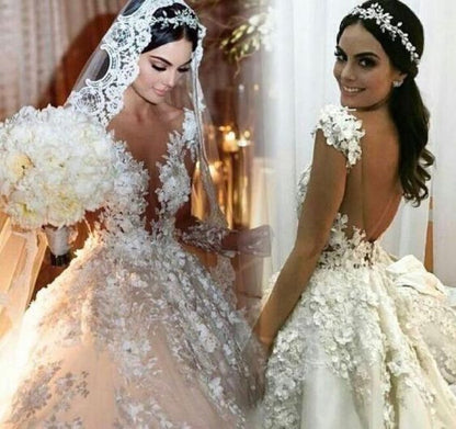 Princess Bateau Wedding Dress with Modest Backless Design and Floor-length Lace Ruffles