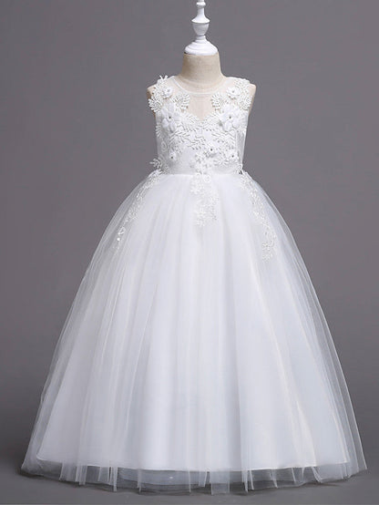 Princess Lace Print Tulle Sleeveless Floor Length Flower Girl Dresses