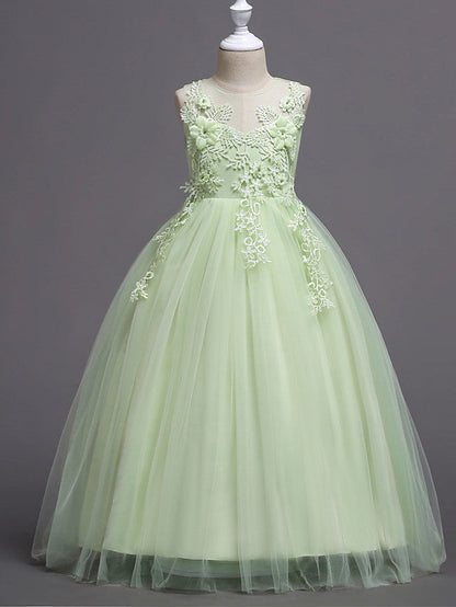 Princess Lace Print Tulle Sleeveless Floor Length Flower Girl Dresses