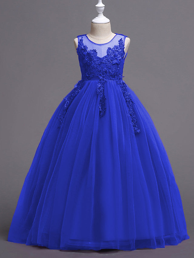 Princess Lace Print Tulle Sleeveless Floor Length Flower Girl Dresses