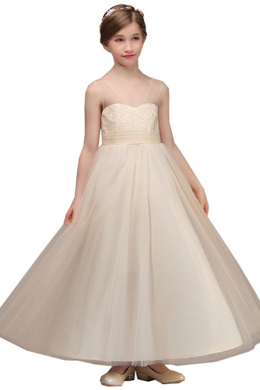 Princess Sheer Straps Sleeveless Flower Girl Dress with Lace and Tulle