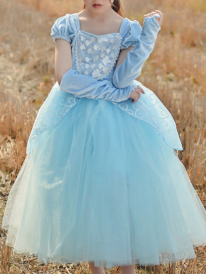 Princess Short Sleeve Flower Girl Dress Cotton With Beading Appliques & Paillette