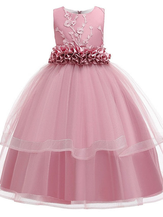 Princess Sleeveless Flower Girl Dress with Bow Appliques and Round Floor Length