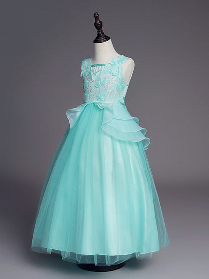 Princess Sleeveless Jewel Long Length Flower Girl Dress with Belt Beadings Embroidery