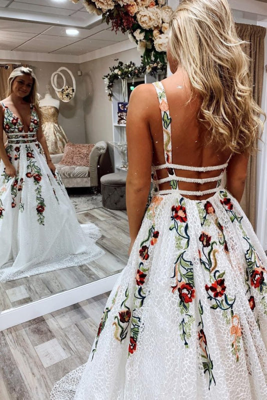 Princess V Neck Floral Embroidery Dress with Pocket Long Lace Prom Dresses