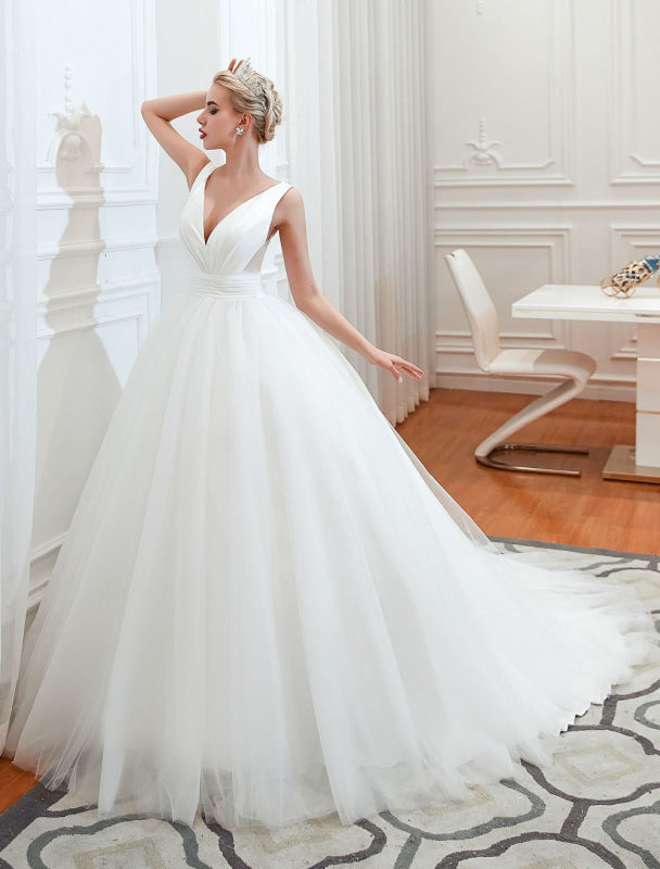 Princess Wedding Dress Ball Gown V Neck Sleeveless with Court Train