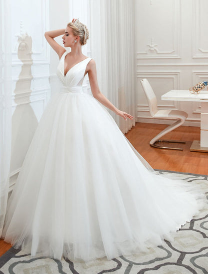 Princess Wedding Dress Ball Gown V Neck Sleeveless with Court Train
