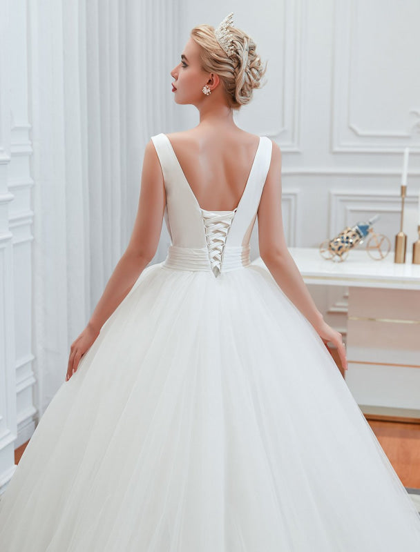 Princess Wedding Dress Ball Gown V Neck Sleeveless with Court Train