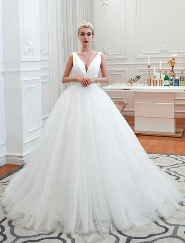 Princess Wedding Dress Ball Gown V Neck Sleeveless with Court Train
