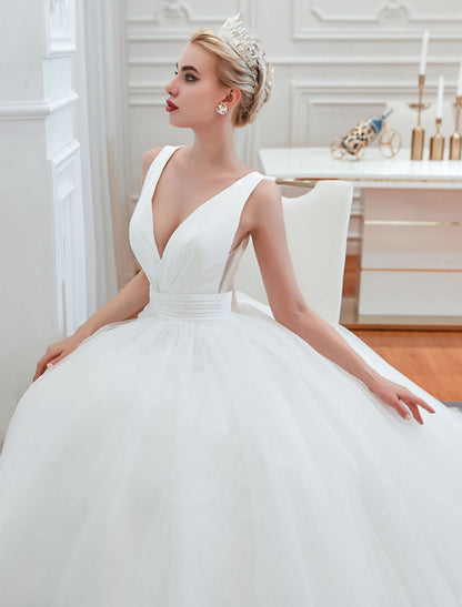 Princess Wedding Dress Ball Gown V Neck Sleeveless with Court Train