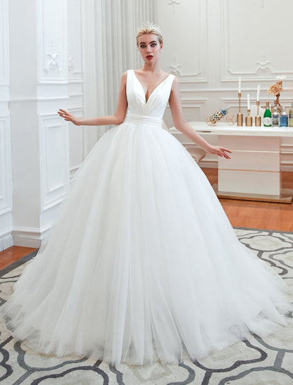 Princess Wedding Dress Ball Gown V Neck Sleeveless with Court Train