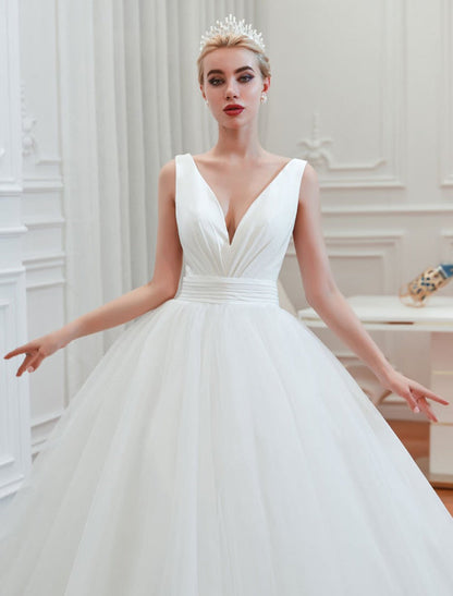 Princess Wedding Dress Ball Gown V Neck Sleeveless with Court Train