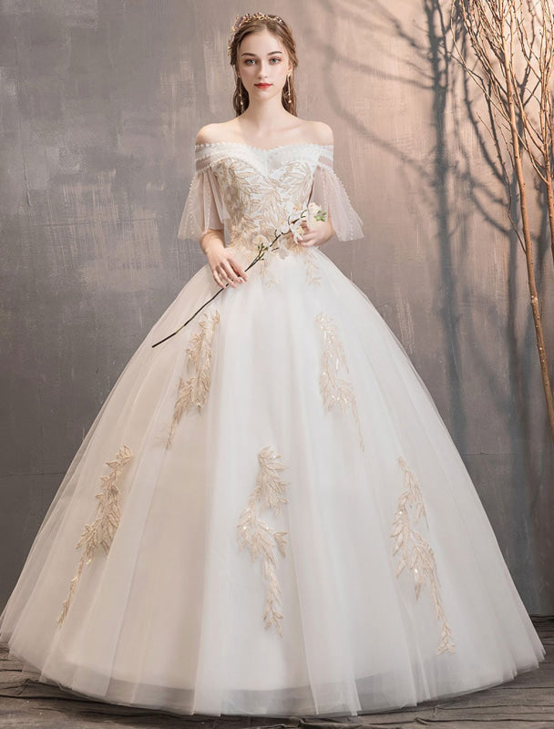 Princess Wedding Dress Ivory Off The Shoulder Floor Length Bridal Gown