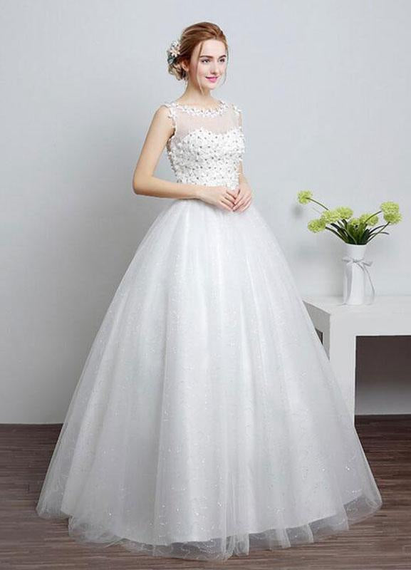 Princess Wedding Dress Ivory Sweetheart Illusion Cut Out Floor Length Bridal Dress With Rhinestone Flowers