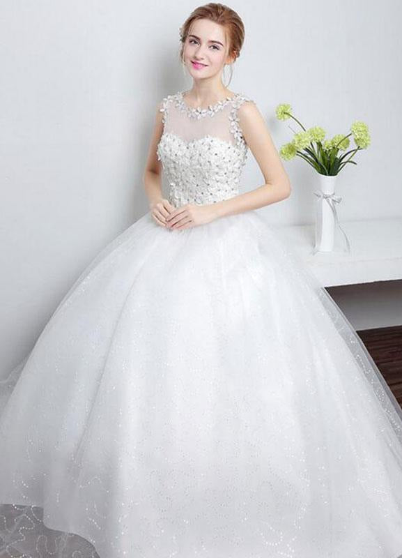 Princess Wedding Dress Ivory Sweetheart Illusion Cut Out Floor Length Bridal Dress With Rhinestone Flowers