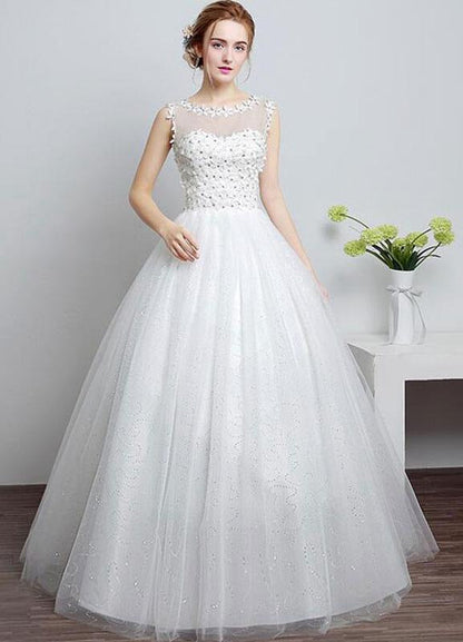 Princess Wedding Dress Ivory Sweetheart Illusion Cut Out Floor Length Bridal Dress With Rhinestone Flowers