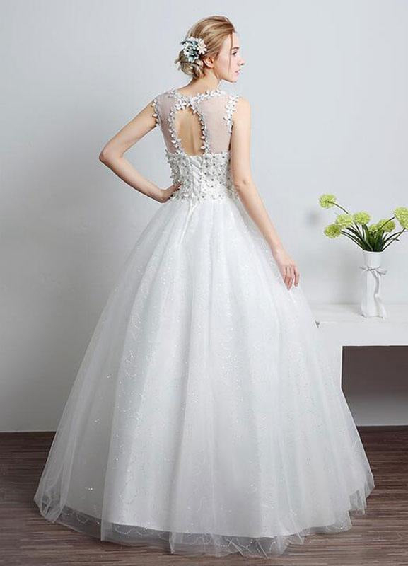 Princess Wedding Dress Ivory Sweetheart Illusion Cut Out Floor Length Bridal Dress With Rhinestone Flowers
