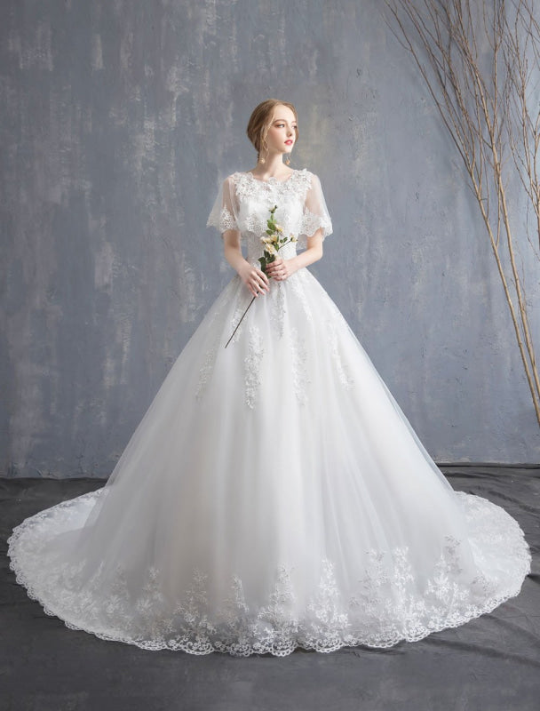 Princess Wedding Dresses Ball Gown Lace Beaded Tulle Long Train Bridal Dress