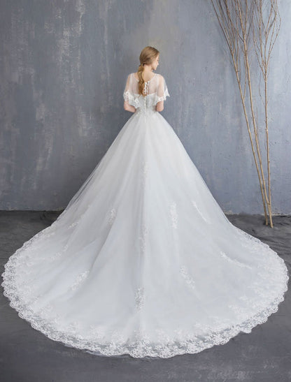 Princess Wedding Dresses Ball Gown Lace Beaded Tulle Long Train Bridal Dress