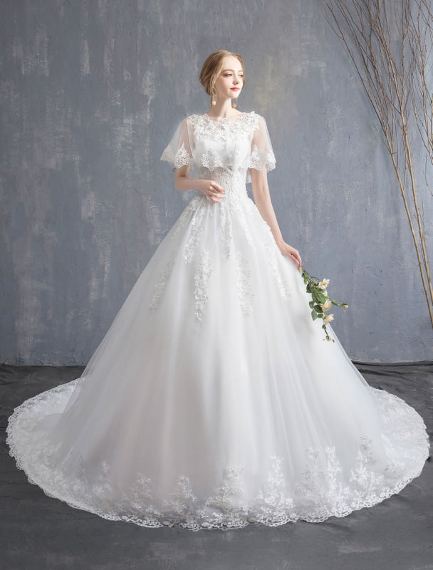 Princess Wedding Dresses Ball Gown Lace Beaded Tulle Long Train Bridal Dress
