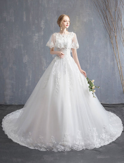 Princess Wedding Dresses Ball Gown Lace Beaded Tulle Long Train Bridal Dress