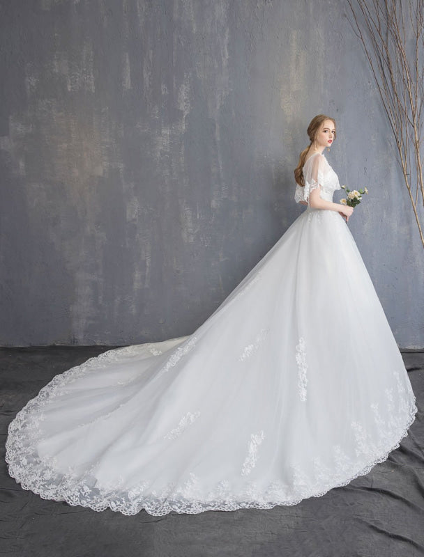 Princess Wedding Dresses Ball Gown Lace Beaded Tulle Long Train Bridal Dress