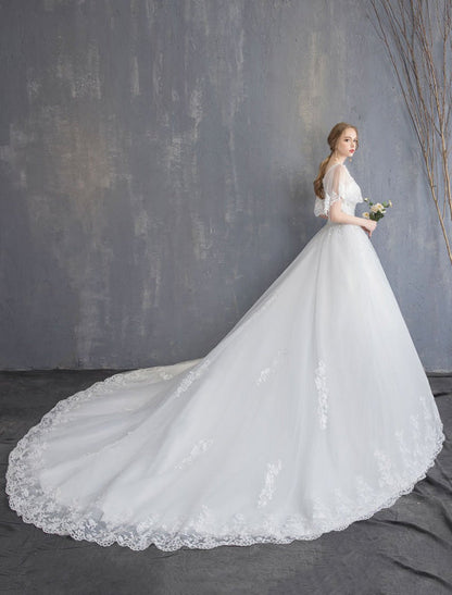 Princess Wedding Dresses Ball Gown Lace Beaded Tulle Long Train Bridal Dress