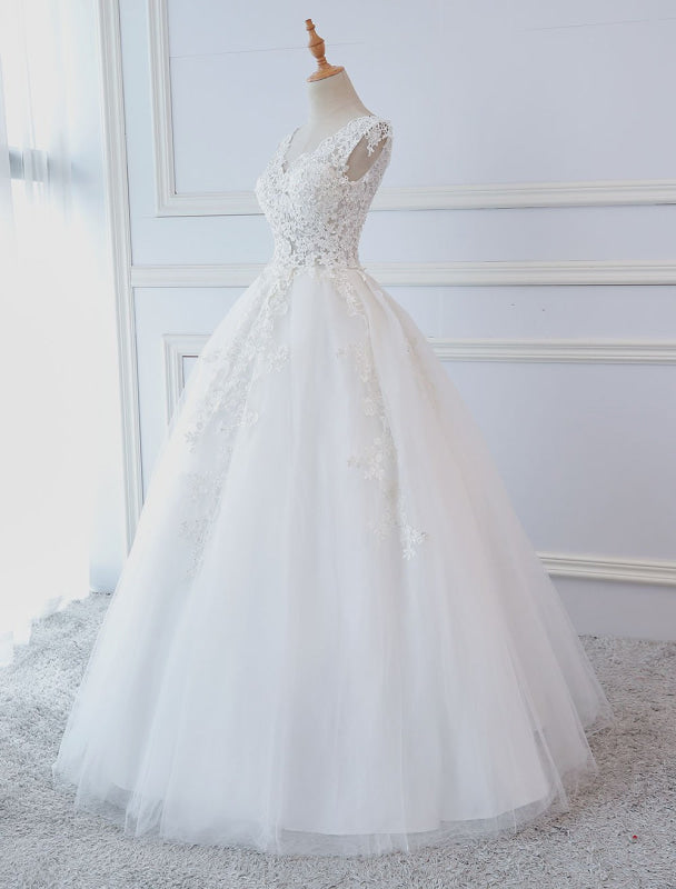 Princess Wedding Dresses Ball Gowns Lace V Neck Sleeveless Floor Length Bridal Gowns