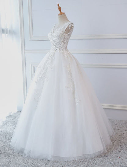 Princess Wedding Dresses Ball Gowns Lace V Neck Sleeveless Floor Length Bridal Gowns