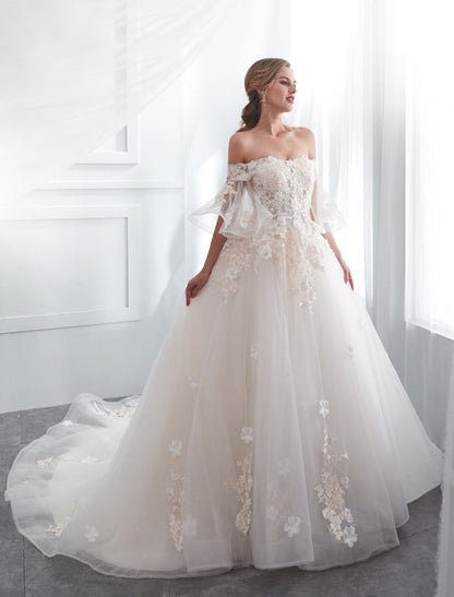 Princess Wedding Dresses Half Sleeve Off Shoulder Lace Flowers Pearls Applique Ivory Bridal Dress With Train