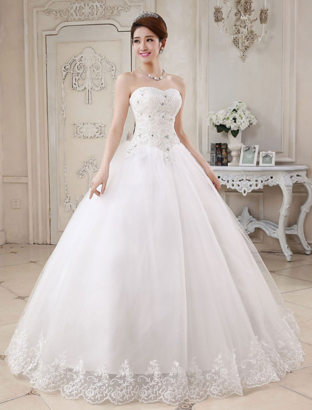Ivory Princess Wedding Dresses Ball Gown Bridal Dress Strapless Sweetheart Lace Beaded Pleated Wedding Gown