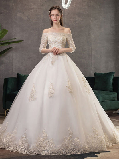 Princess Wedding Dresses Ivory Lace Applique Off The Shoulder Half Sleeve Bridal Gown With Train
