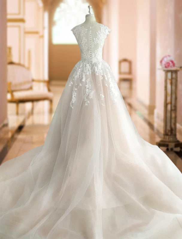 Princess Wedding Dresses Jewel Neck Sleeveless Lace Soft Tulle Bridal Gowns
