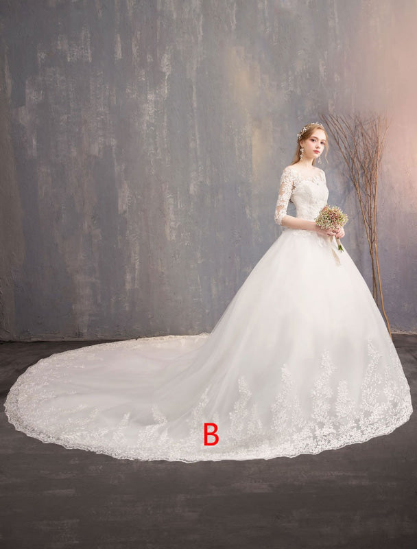 Princess Wedding Dresses Lace Illusion Half Sleeve Floor Length Bridal Gown