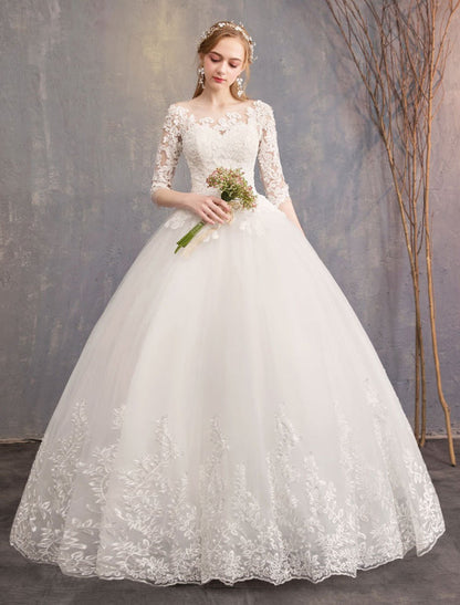 Princess Wedding Dresses Lace Illusion Half Sleeve Floor Length Bridal Gown