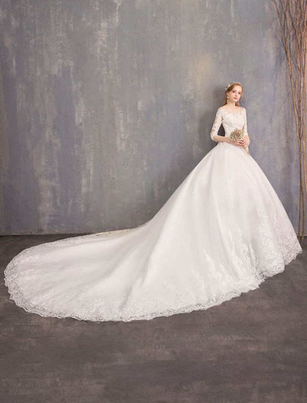 Princess Wedding Dresses Lace Illusion Half Sleeve Floor Length Bridal Gown