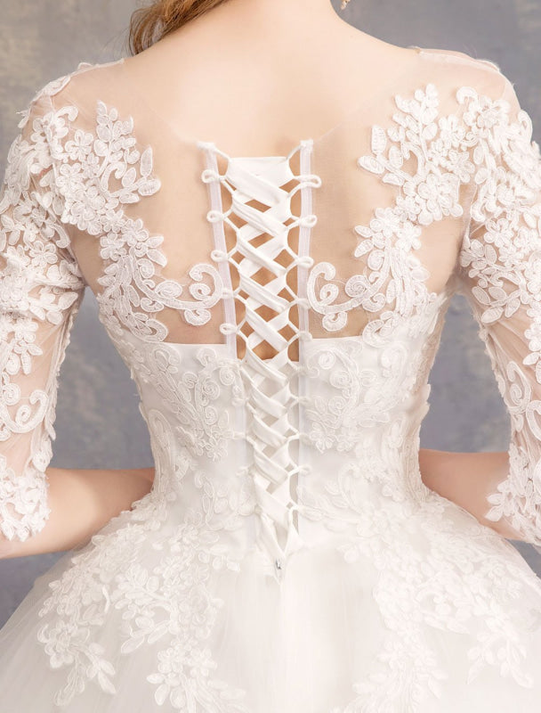 Princess Wedding Dresses Lace Illusion Half Sleeve Floor Length Bridal Gown