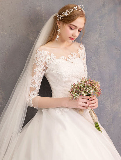 Princess Wedding Dresses Lace Illusion Half Sleeve Floor Length Bridal Gown