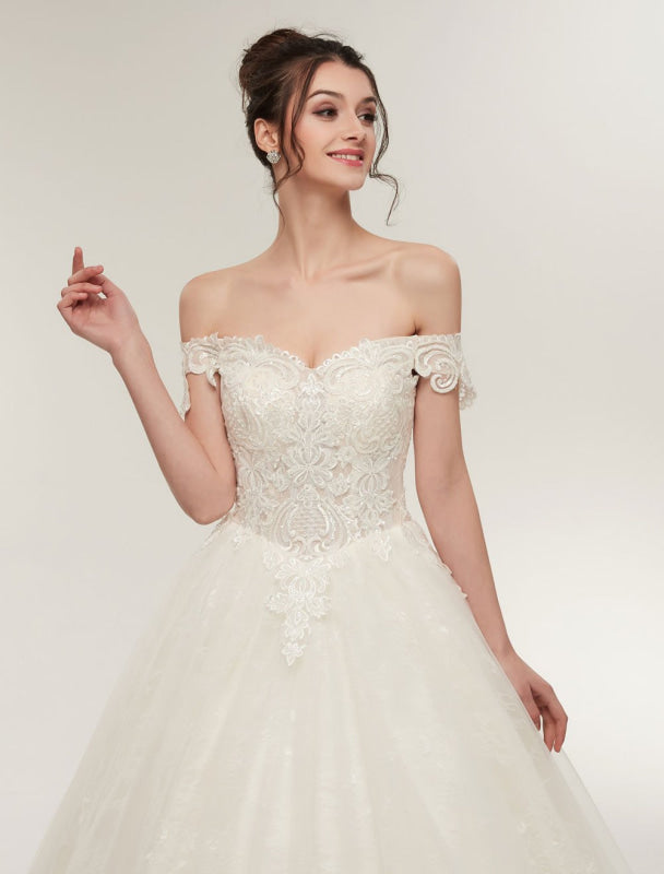 Princess Wedding Dresses Off The Shoulder Ivory Bridal Dresses Lace Applique Tulle Floor Length Ball Gowns