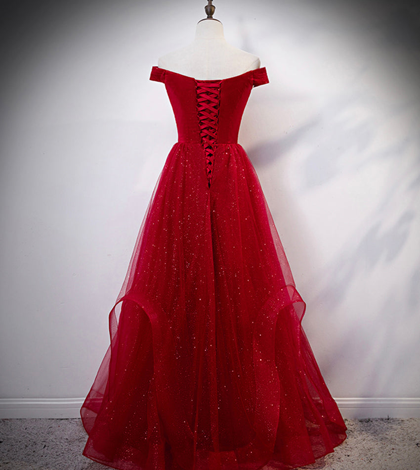 Burgundy tulle long prom dress evening dress C2149