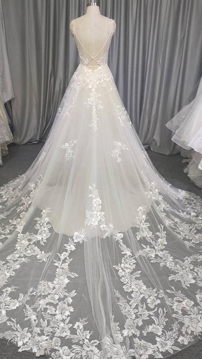 Spaghetti Long Lace Wedding Dresses, Romantic Wedding Dresses A-line Prom Dresses C2012