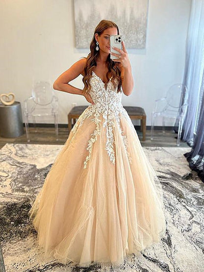 V Neck Champagne Lace Prom Dresses, Long Champagne Lace Formal Evening Dresses C1925