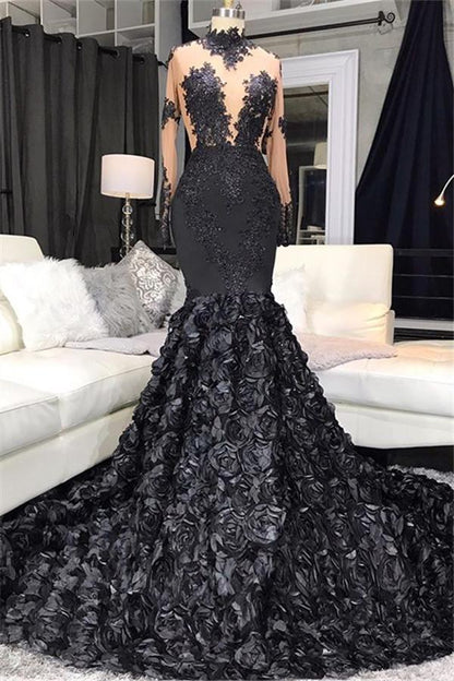 Unique Lace Appliques Flowers High-Neck Prom Dresses Sheer Tulle Fit And Flare Evening Gowns C1988