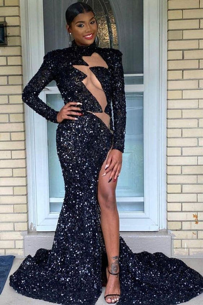 Charming Long Sleeves Sequins Front Split Prom Party Gowns C2264