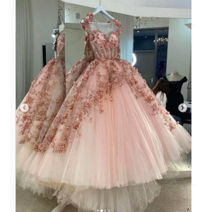 Pink evening dresses, custom make evening dresses, flowers formal dresses C1836