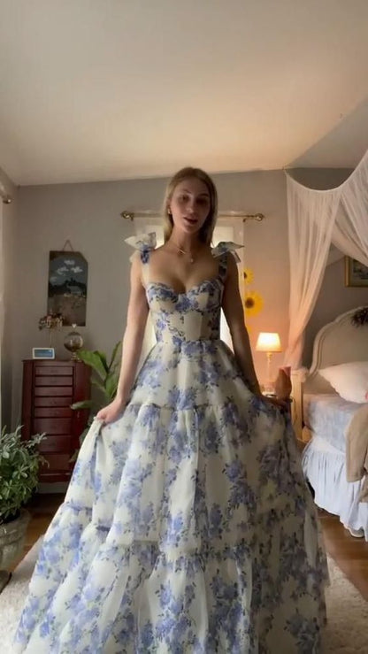 Beautiful Floral Print Chiffon Long Prom Dresses Evening Dress C2120